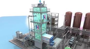 Ilustración de planta industrial con torre principal, tanques cilíndricos, tuberías, plataformas y logotipo Highview Power. Una persona está en la torre