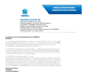 La sanción de Conmebol, publicada
