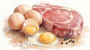Ilustración acuarela de un trozo de carne cruda, varios huevos marrones, uno roto con la yema y clara, sal gruesa y granos de pimienta negra.