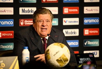 Jun 15, 2025; San Diego, California, USA; Costa Rica head coach Miguel Herrera speaks at a press conference following a win over Suriname in a group stage match of the 2025 Gold Cup at Snapdragon Stadium. Mandatory Credit: Denis Poroy-Imagn Images