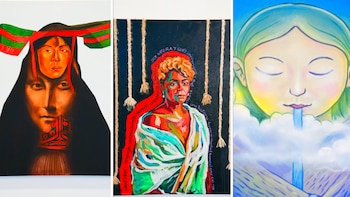 Tres pinturas. La primera con rostros superpuestos y tocado. La segunda, mujer afrodescendiente con texto y trenzas. La tercera, rostro entre nubes y cascada
