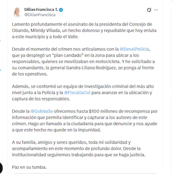 La gobernadora Dilian Francisca Toro anunció recompensa por información sobre el asesinato de la presidenta del Concejo de Obando, Mileidy Villada - crédito @DilianFrancisca/X