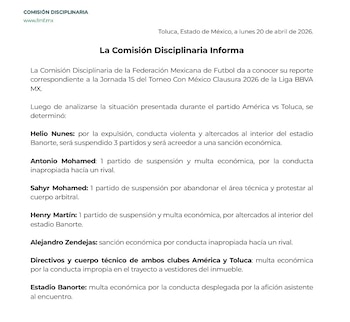Una imagen de un documento oficial de la Comisión Disciplinaria de la Federación Mexicana de Fútbol, con texto en español que detalla sanciones