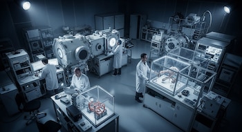 Un laboratorio con cuatro científicos en batas blancas trabajando con computadoras y máquinas grandes que incluyen cámaras de vacío y vitrinas con modelos biológicos.
