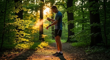 Hombre de perfil en un bosque aplica espray repelente en su brazo. Viste camiseta azul, shorts negros, reloj y brazalete para teléfono. Hay árboles y luz solar entre ellos.