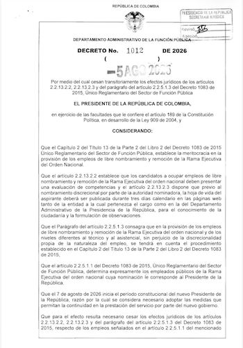 El Decreto 1012 de 2026 del Dapre suspendió por 15 días requisitos previos para nombrar cargos de libre nombramiento y remoción en Colombia - crédito Dapre