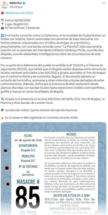 Violencia urbana en Bogotá: crimen múltiple vinculado a bandas y tráfico de drogas - crédito @Indepaz/X