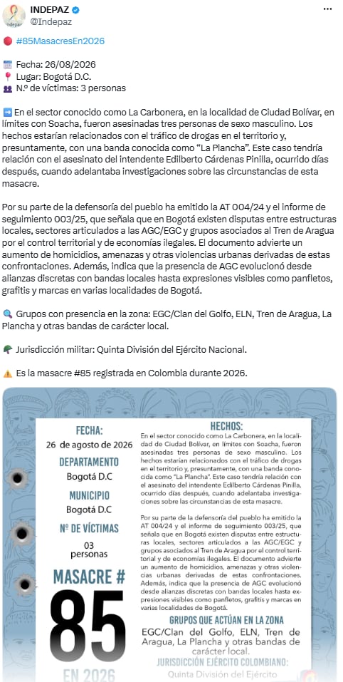 Violencia urbana en Bogotá: crimen múltiple vinculado a bandas y tráfico de drogas - crédito @Indepaz/X