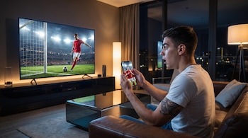 Hombre joven sentado en un sofá, mirando un televisor que muestra un partido de fútbol y un celular que exhibe la celebración de un gol en una sala moderna.