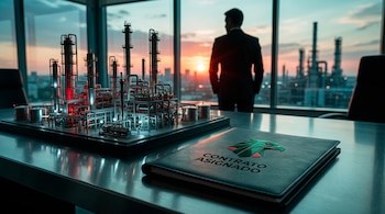 Maqueta de refinería de petróleo, carpeta con el texto Contrato Asignado y silueta de un hombre de espaldas ante un ventanal.