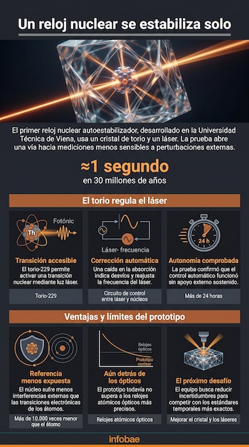 Infografía titulada Un reloj nuclear se estabiliza solo, acompañada de esquemas de átomos, circuitos y textos informativos.