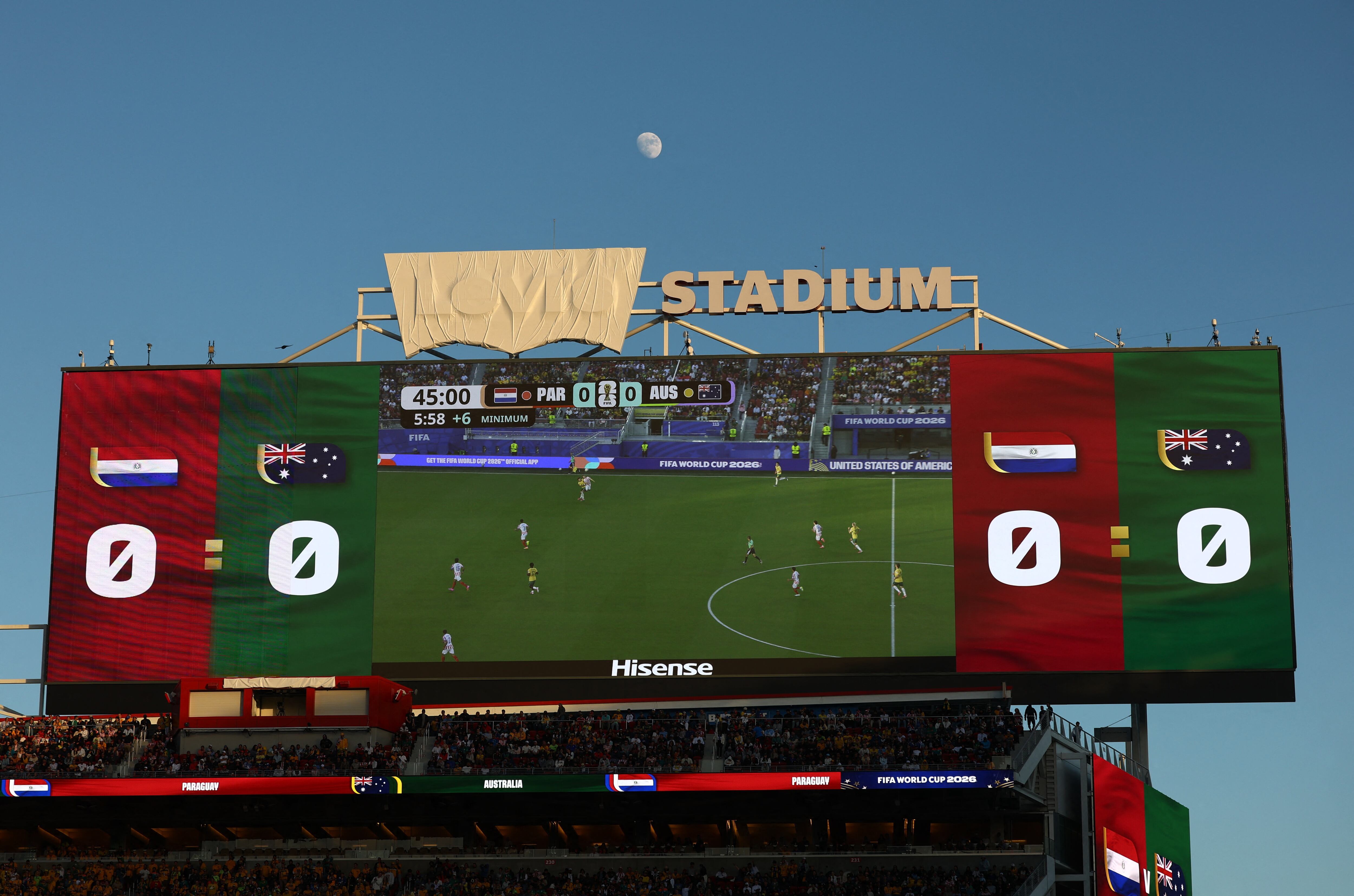 Soccer Football - FIFA World Cup 2026 - Group D - Paraguay v Australia - San Francisco Bay Area Stadium, Santa Clara, California, U.S. - June 25, 2026 General view of the big screen during the match as stadium sponsor Levi's is covered REUTERS/Eloisa Lopez
