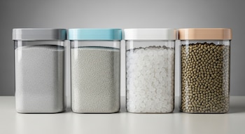 Cuatro recipientes transparentes con tapas de colores alineados. Contienen arena fina, arena granular, gránulos irregulares y pellets cilíndricos.