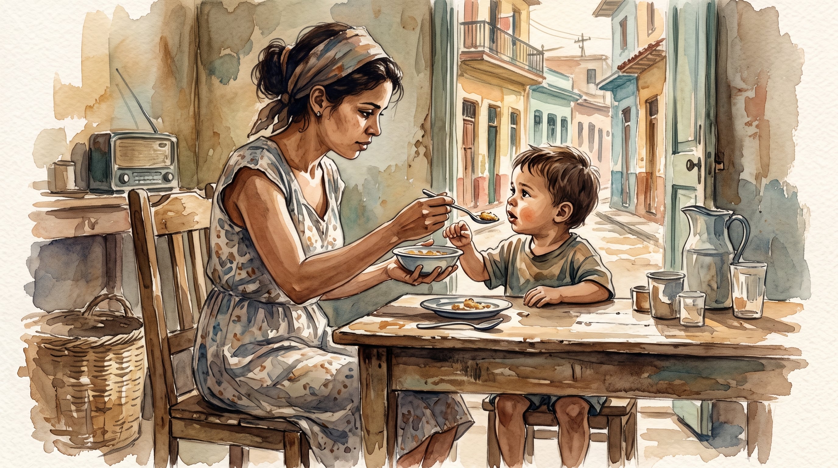 Una madre alimenta a su hijo en una vivienda de Cuba mientras se observa una calle con arquitectura tradicional a través de la puerta abierta. (Imagen Ilustrativa Infobae)