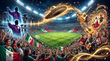 Estadio de fútbol con público, jugadores, banderas mexicanas, confeti, sombreros charros, guitarras, acordeón, siluetas de cantantes y bailarines.