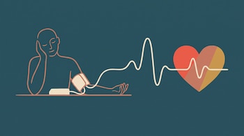 Ilustración de una persona con un tensiómetro en el brazo, una onda de pulso y un corazón de colores sobre un fondo azul.