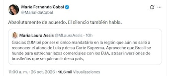 María Fernanda Cabal respaldó que mandatarios de derecha no feliciten al presidente reelecto de Brasil (@MariaFdaCabal/X)