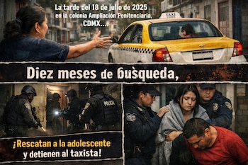 Collage de imágenes: una mujer intentando detener un taxi amarillo, policías irrumpiendo en un domicilio y el rescate de una joven con un hombre detenido.