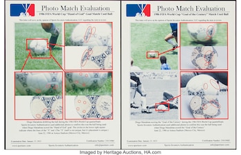 Dos documentos con fotografías comparativas y marcas rojas sobre detalles de un balón de fútbol sobre fondo blanco
