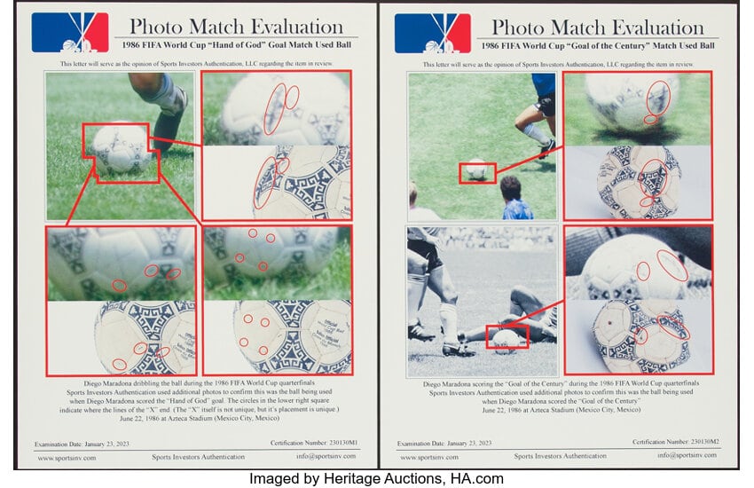 Dos certificados de evaluación analizando los detalles del balón con el que Diego Maradona anotó sus goles contra Inglaterra en la Copa Mundial de 1986. (Heritage Auctions)