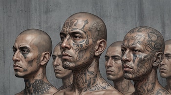Una ilustración de varios hombres calvos con tatuajes en el rostro y el cuello, ubicados en primer plano sobre un fondo de pared gris.