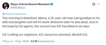 Mamdani compartió el mensaje en su cuenta de X la noche del lunes 13 de julio de 2026 - crédito @NYCMayor/X