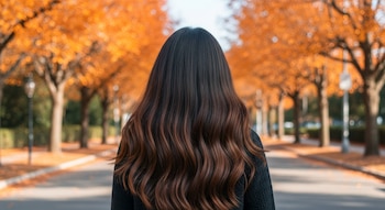Mujer de espaldas, cabello largo y ondulado. Camina por una calle con árboles de hojas naranjas en otoño, bajo iluminación natural y clara.