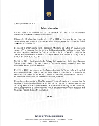 Comunicado oficial impreso con el escudo de Pumas en la parte superior y varios párrafos de texto en español