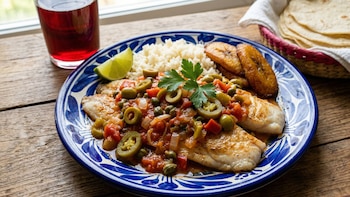 Plato de pescado a la Veracruzana con salsa roja, aceitunas, alcaparras y jalapeños, junto a arroz blanco, plátano frito, lima y una bebida roja