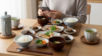 Mesa de madera con múltiples platos de comida japonesa, incluyendo arroz, pescado y té. Una persona sentada sostiene un teléfono móvil con ambas manos.