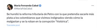 La senadora María Fernanda Cabal celebró el hundimiento de la reforma tributaria - crédito @MariaFdaCabal/X