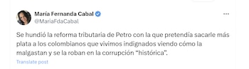 La senadora María Fernanda Cabal celebró el hundimiento de la reforma tributaria - crédito @MariaFdaCabal/X
