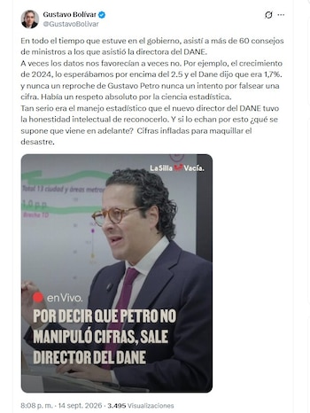 Gustavo Bolívar aseguró que durante el gobierno anterior las cifras del Dane fueron respetadas incluso cuando no coincidían con las expectativas oficiales - crédito @GustavoBolivar/X