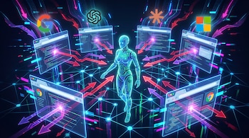 Una ilustración digital de un androide translúcido con circuitos azules y verdes en el centro de una red de datos. Flechas rojas y púrpuras emanan de pantallas con logos de empresas tecnológicas hacia el androide.