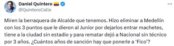 Daniel Quintero se refirió a la sanción contra Efraín Juárez - crédito @QuinteroCalle/X