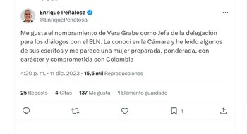 Enrique Peñalosa comenta su agrado por el nombramiento de Vera Grabe como jefa negociadora - crédito @EnriquePeñalosa