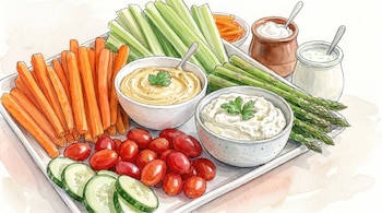 Ilustración acuarela: bandeja con zanahorias, apio, espárragos, pepino, tomates, hummus, dip de queso, yogur y kéfir.
