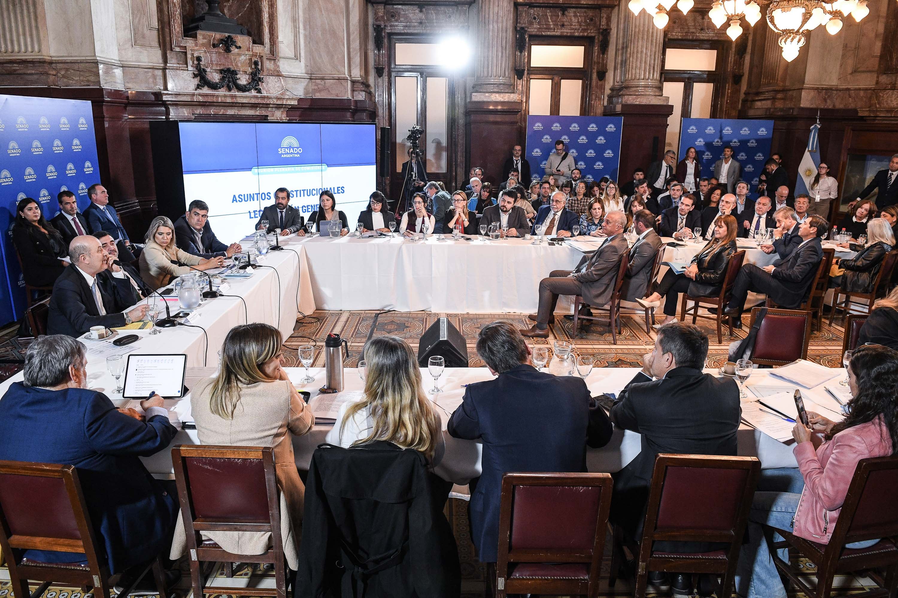 El plenario de las comisiones de Asuntos Constitucionales; y de Legislación General de la Cámara alta, cuando expuso el ministro de Desregulación, Federico Sturzenegger (Prensa Senado)