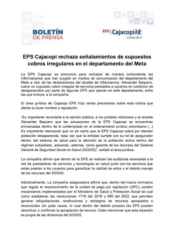 Cajacopi respondió por acusaciones de la Alcaldía de Villavicencio por cobros irregulares - crédito red social X