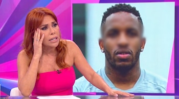 Magaly Medina con cabello rojizo y blusa fucsia se toca la sien con expresión de preocupación, frente a una pantalla que muestra una imagen borrosa de Jefferson Farfán.