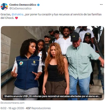 Centro Democrático agradece a Shakira por su apoyo solidario a las familias del Chocó - crédito @CeDemocratico/X