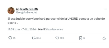 Con este mensaje, Ángela Benedetti, hermana del exembajador Armando Benedetti, lanzó duros comentarios sobre lo que sería un nuevo escándalo en el Gobierno - crédito @AngelaBenedet/X