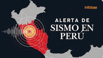 Gráfico digital con el mapa de Perú en rojo, ondas sísmicas concéntricas, una onda sonora y el texto 'ALERTA DE SISMO EN PERÚ' sobre fondo oscuro