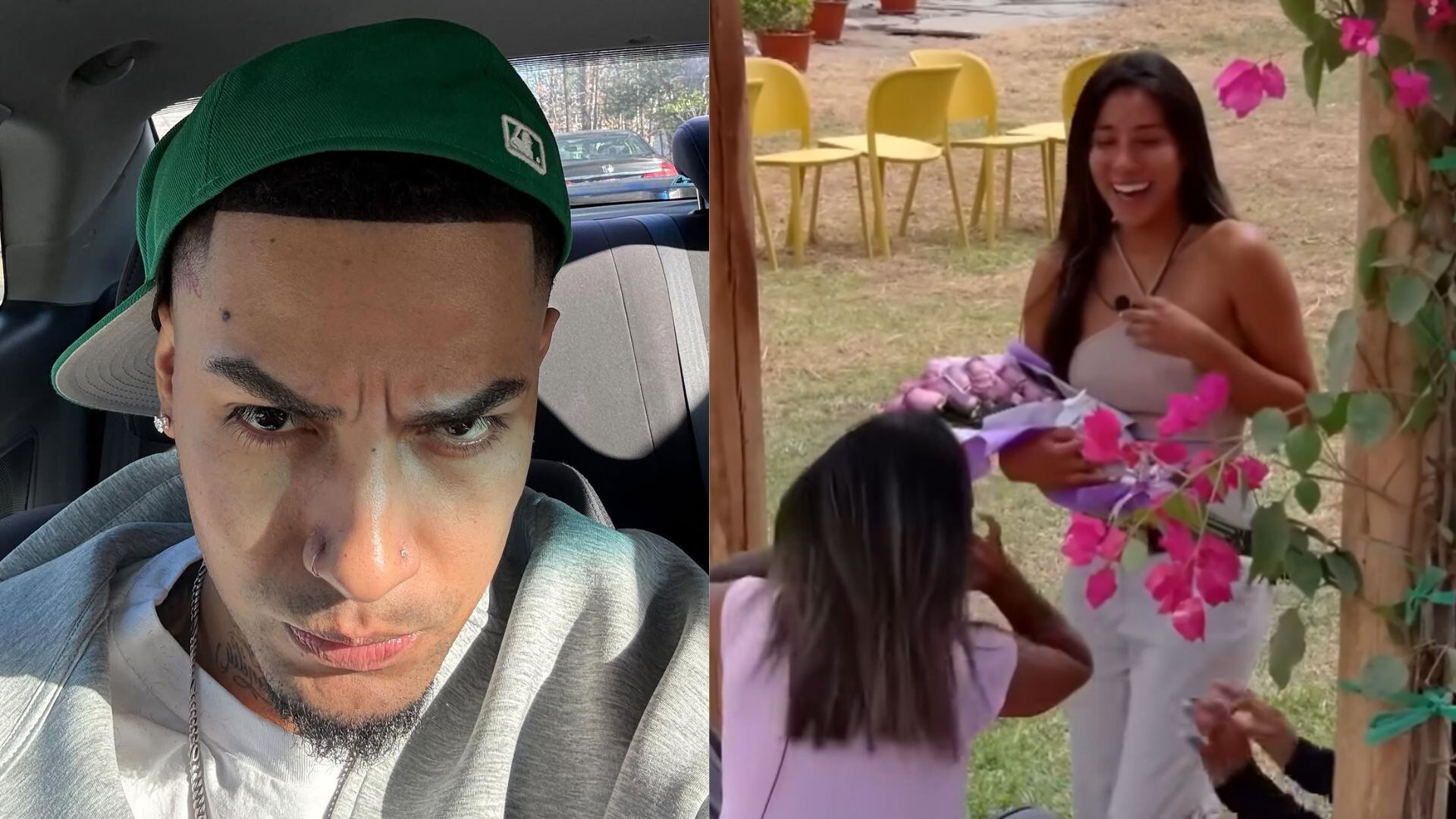 Youna aparece en una selfie con gorra verde y expresión seria, mientras que Samahara Lobatón sonríe ampliamente al recibir un ramo de flores en el set de ‘La Granja VIP’.