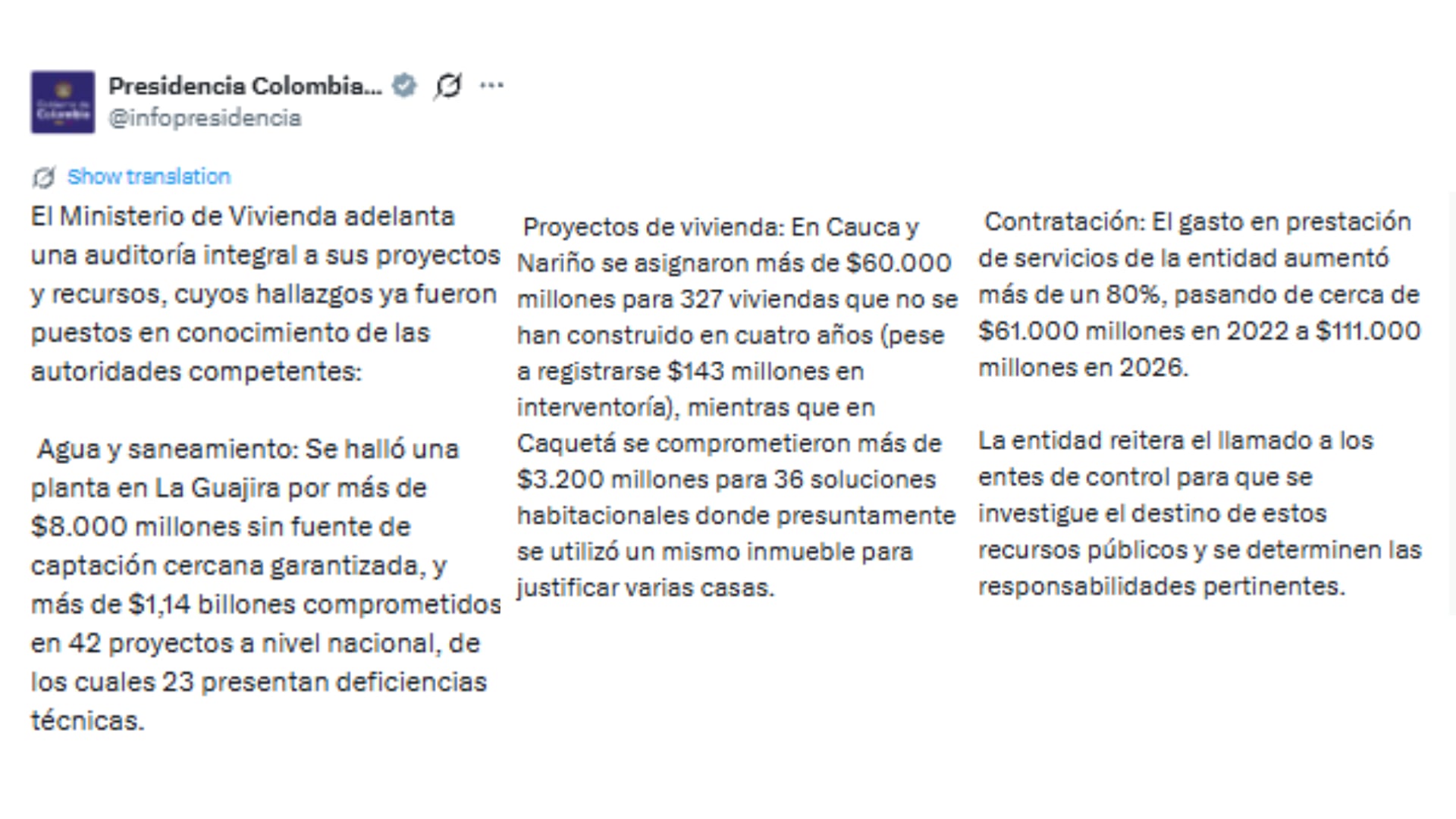 Este es el breve balance publicado por el Gobierno nacional sobre la auditoría hecha en el Ministerio de Vivienda - crédito @infopresidencia/X