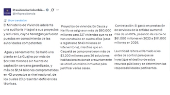 Este es el breve balance publicado por el Gobierno nacional sobre la auditoría hecha en el Ministerio de Vivienda - crédito @infopresidencia/X