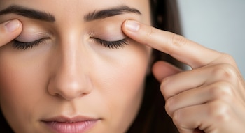 Primer plano del rostro de una mujer con los ojos cerrados, tocándose suavemente la sien y la zona del entrecejo con los dedos.
