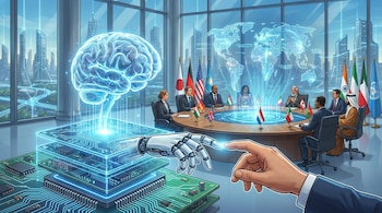Cumbre futurista: líderes, banderas nacionales, mapa mundial holográfico. Primer plano: cerebro de IA, circuitos, mano humana tocando mano robótica.