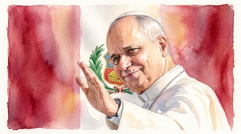 Pintura en acuarela de un papa sonriendo con la mano derecha alzada, frente a la bandera roja y blanca con el escudo de Perú.