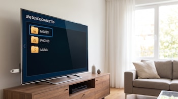 Un televisor de pantalla plana sobre un mueble de madera, con memoria USB conectada, muestra un menú de archivos multimedia. Un sofá y una ventana.